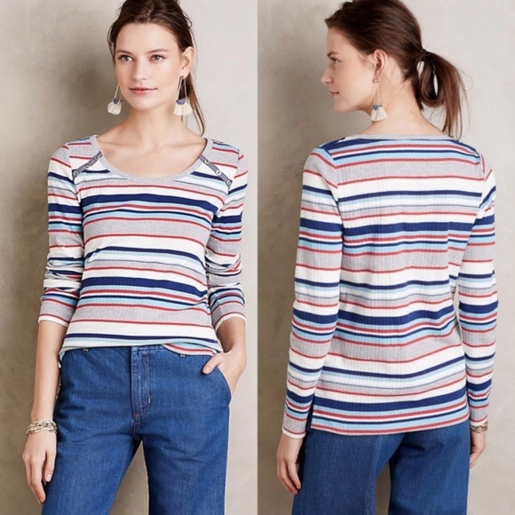 Anthropologie Postmark Stripe Joliette Long Sleeve Ribbed Tee Scoop Neck Large - Picture 2 of 6